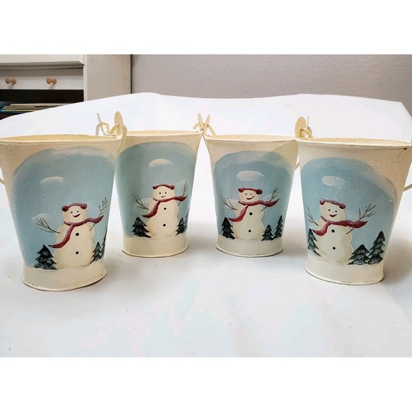 Set Of 4 Snowman Pails ● Christmas Winter Decor ● Painted ● Textured & Crackled - Picture 3 of 6
